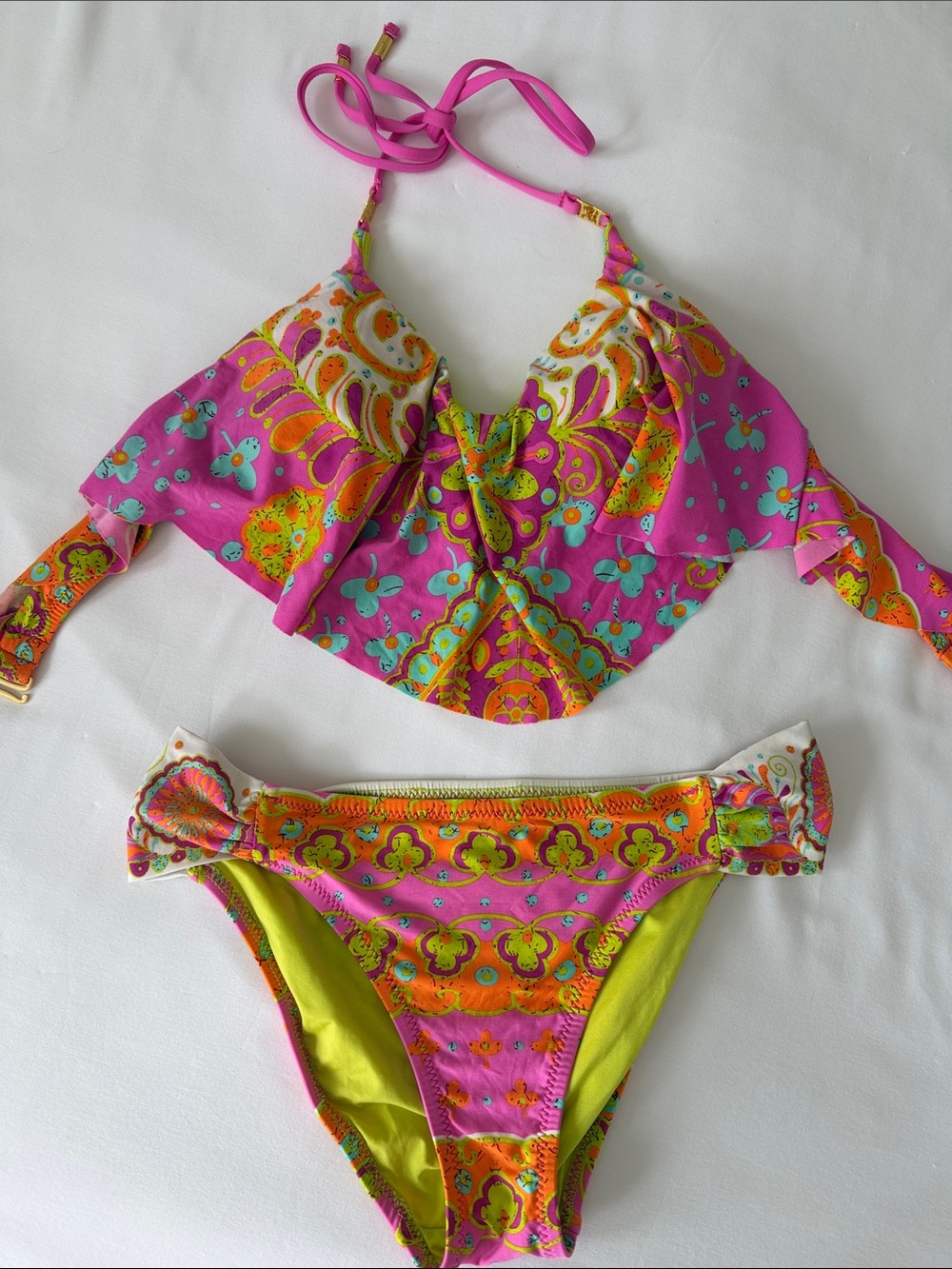Trina Turk Pink Multicolor Paisley Halter Bikini S-M